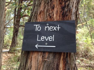 A sign with the words "To the next level"